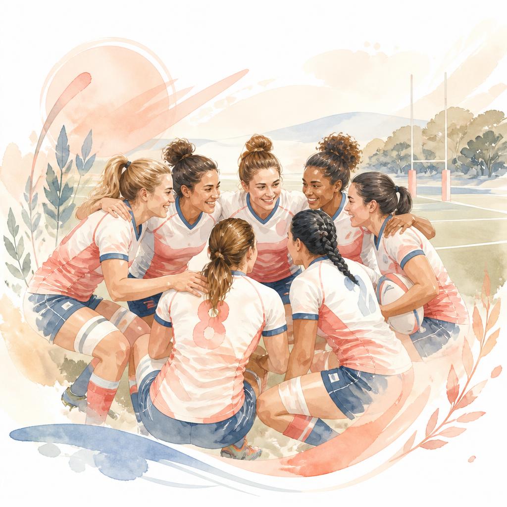 Illustration aquarelle d'une équipe de rugby féminin en cercle, symbolisant la solidarité et la prévention en santé féminine