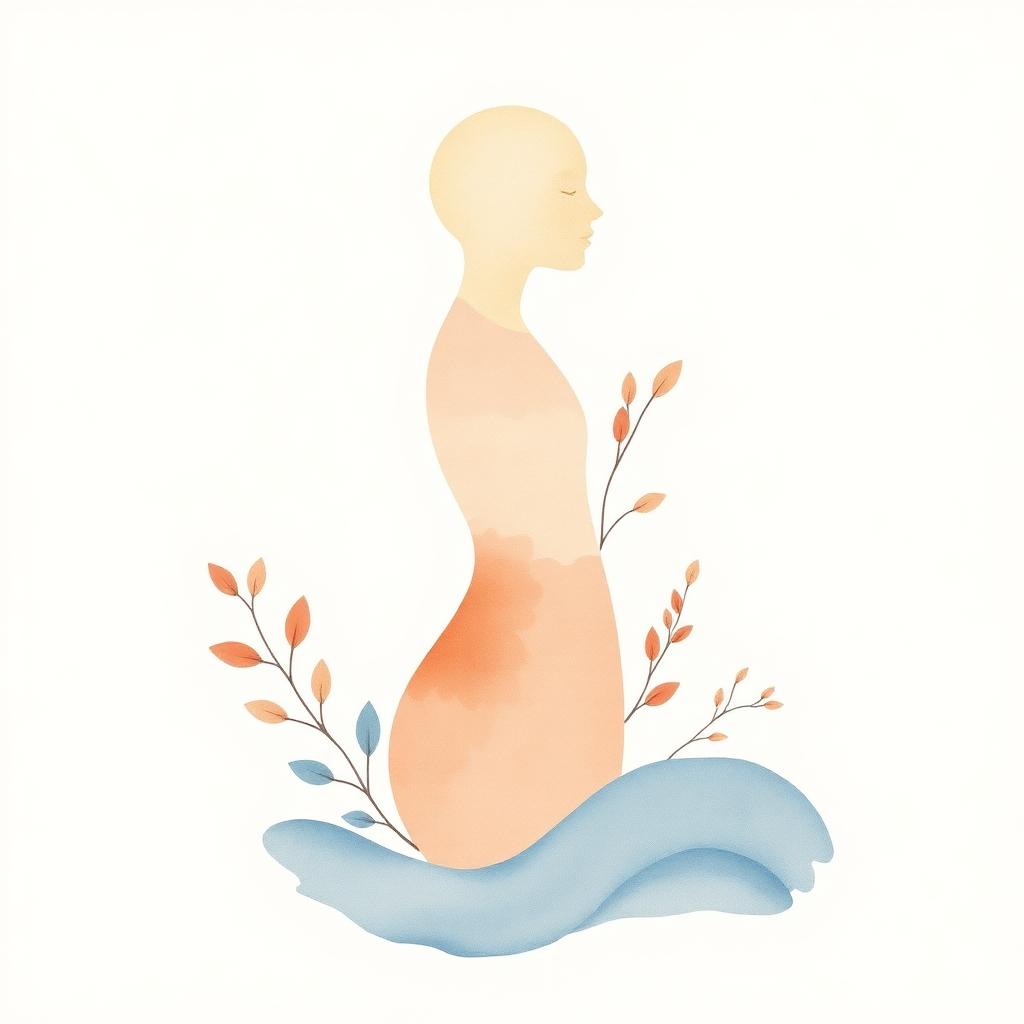 Illustration aquarelle d'une silhouette féminine entourée de végétaux, symbolisant l'équilibre et le soin